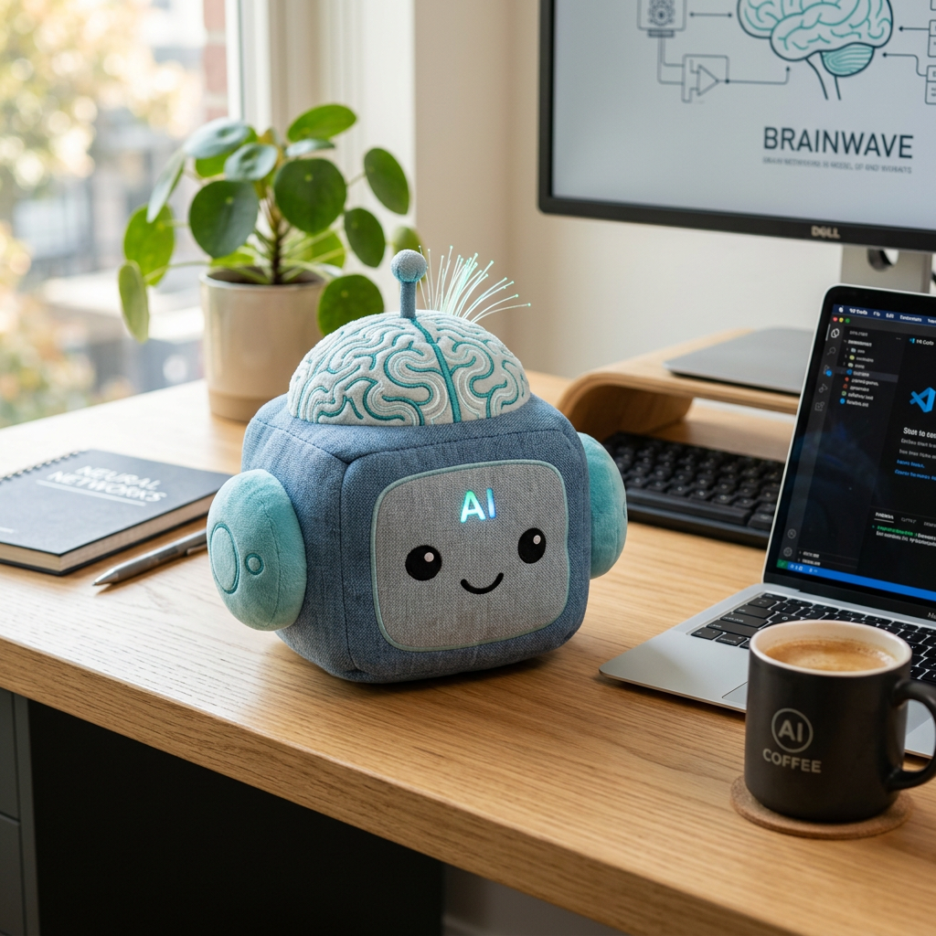 AI Plush Companion on a modern desk beside a laptop and coffee mug